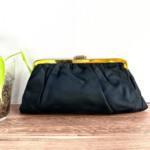 Vintage Black Satin Evening Purse with Gold-Tone Frame & Snap Closure - Picture 3 of 11